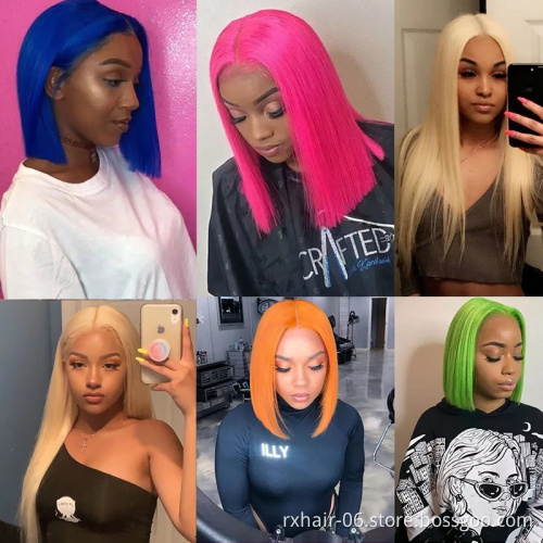 High Quality Top Sale Silk Base Short Blue Color Bob Wig Straight 13x4 Lace Front Human Hair Ombre Wigs